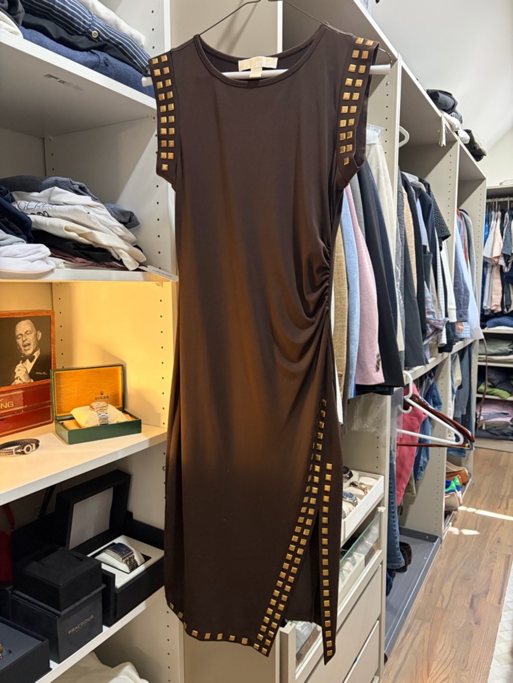 Michael Kors Chocolate Brown Midi Dress with Gold Studs